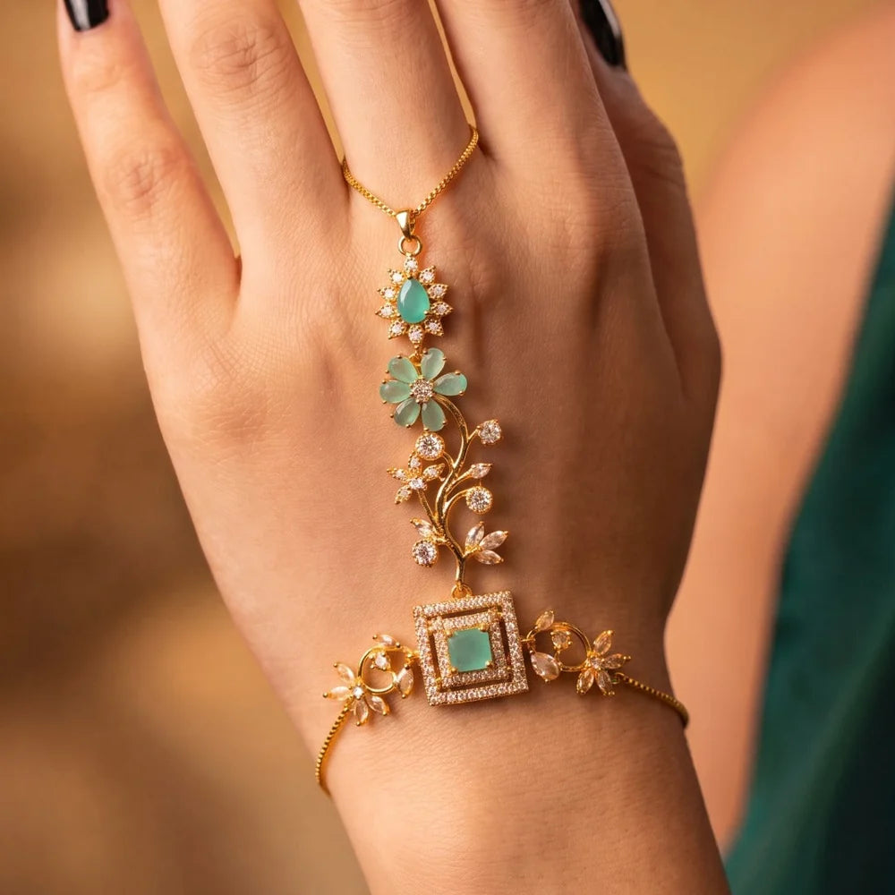 Black Floral Hand Harness Bracelet | Gold Hand Chain Jewelry