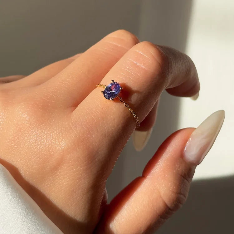 Purple Gemstone Chain Ring | Elegant Adjustable Ring for Women