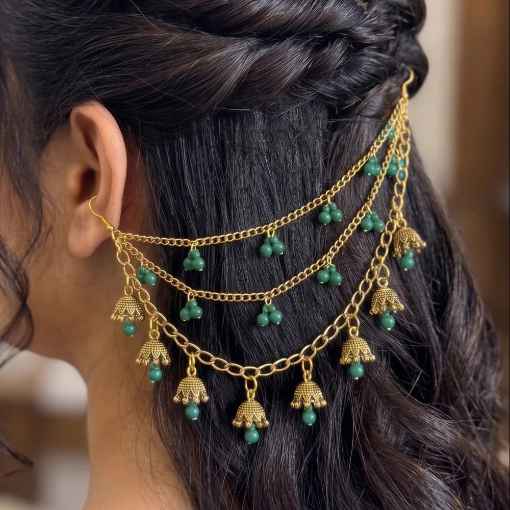 Boho Ear Chain with Red Beads | Vintage Hair Chain Earring for Women