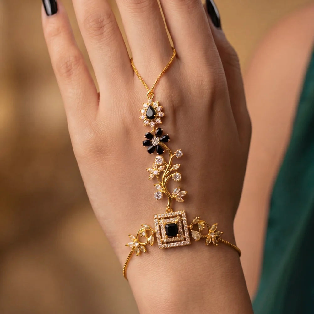 Black Floral Hand Harness Bracelet | Gold Hand Chain Jewelry
