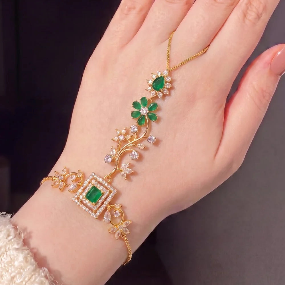 Black Floral Hand Harness Bracelet | Gold Hand Chain Jewelry