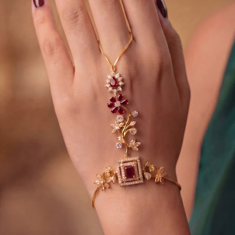 Black Floral Hand Harness Bracelet | Gold Hand Chain Jewelry