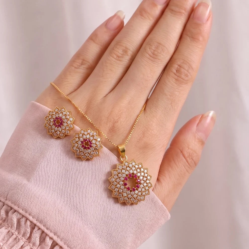Gold Sunflower CZ Necklace &amp; Earring Set | Bridal Jewelry