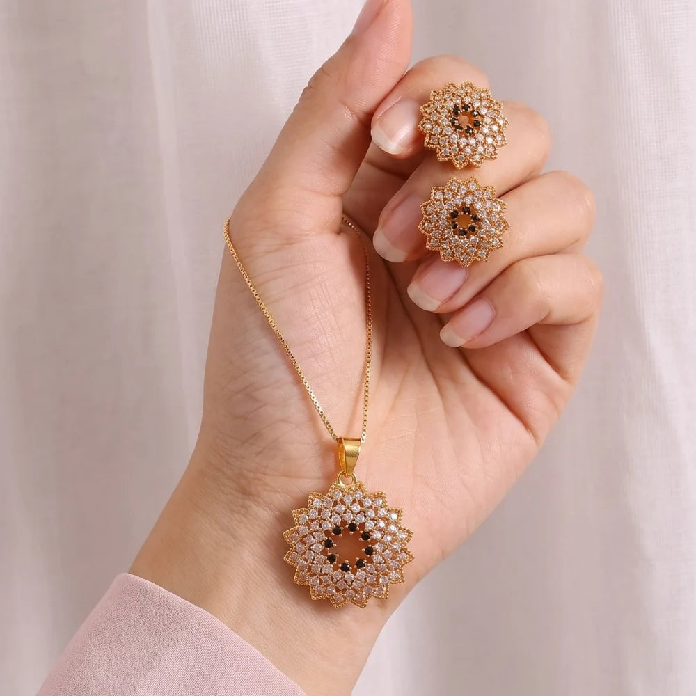 Gold Sunflower CZ Necklace &amp; Earring Set | Bridal Jewelry