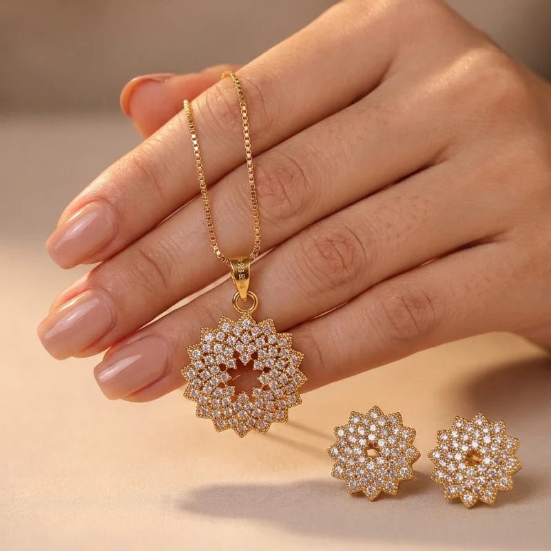Gold Sunflower CZ Necklace &amp; Earring Set | Bridal Jewelry