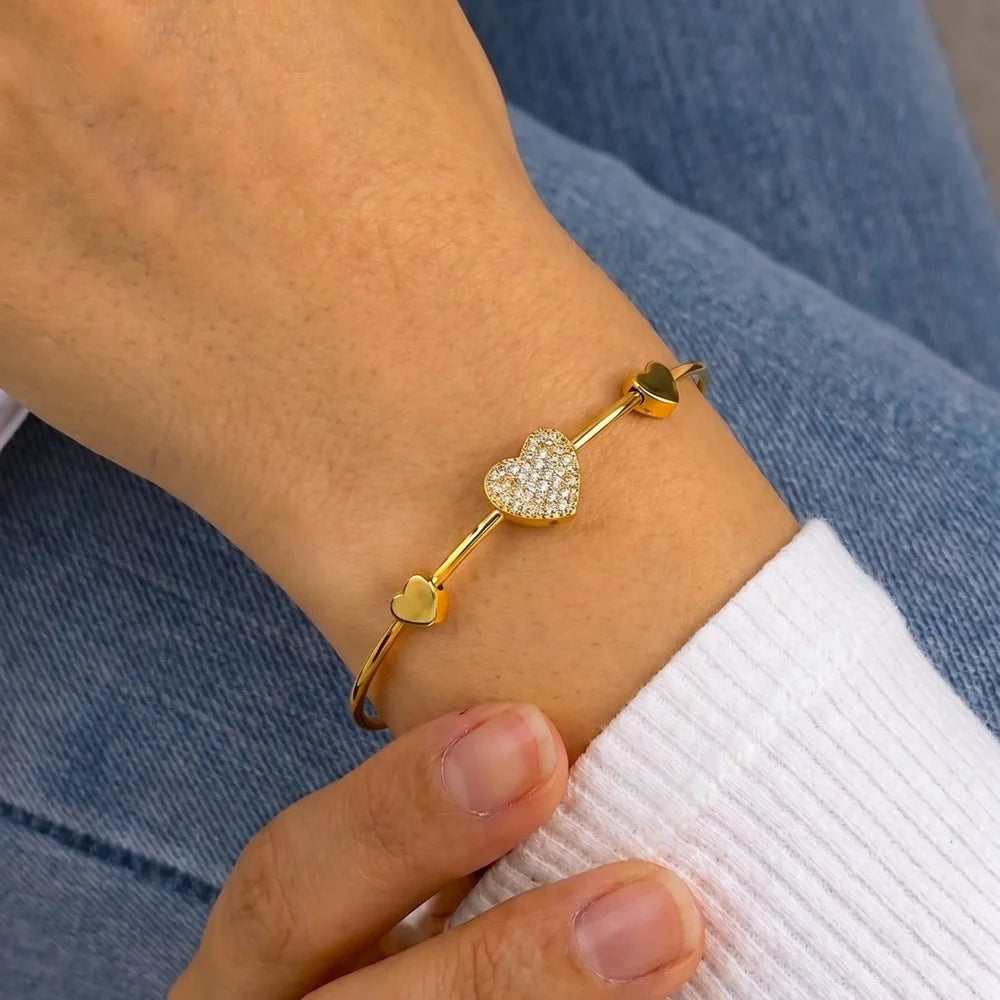 Crystal Heart Bangle Bracelet | Gold Heart Bracelet for Women