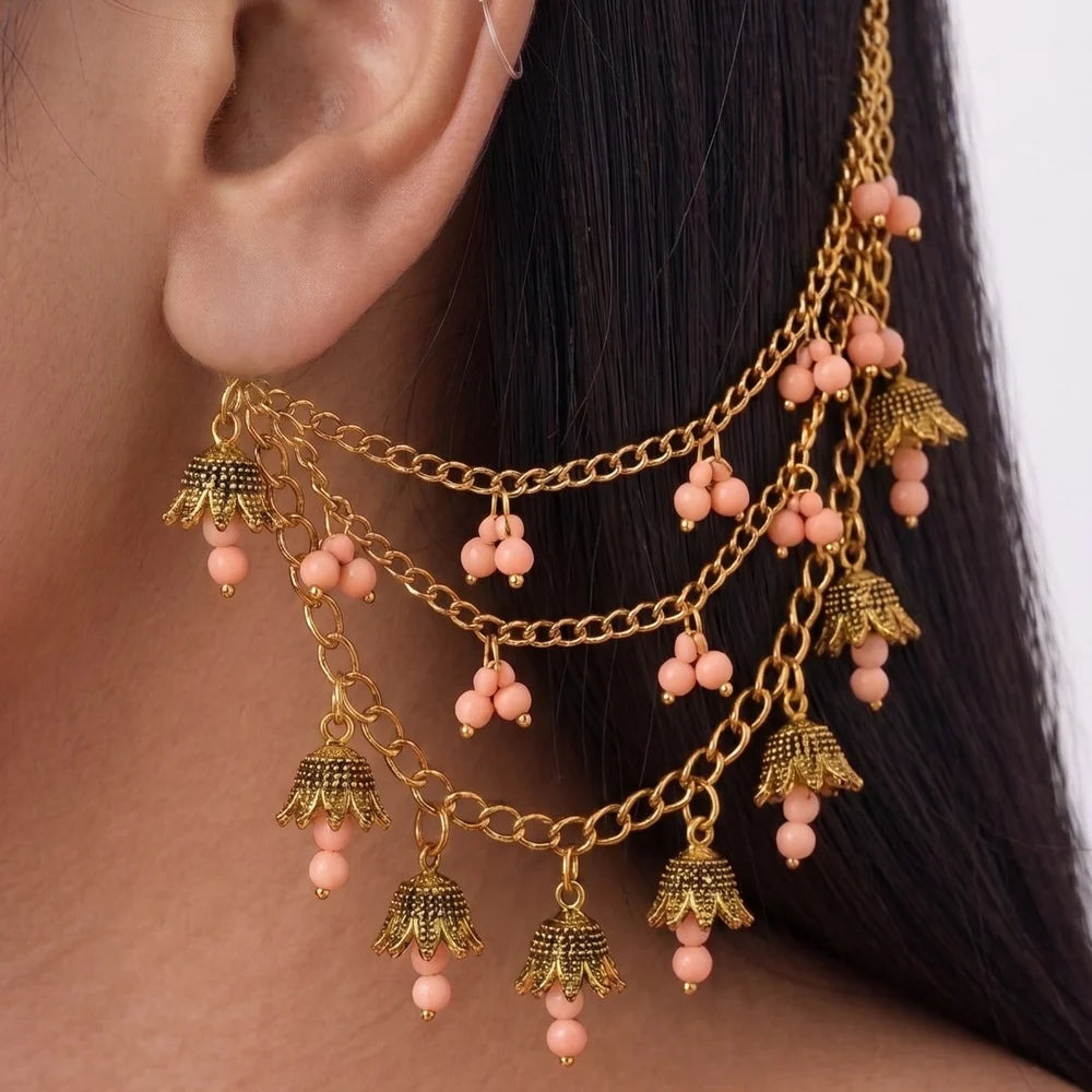 Boho Ear Chain with Red Beads | Vintage Hair Chain Earring for Women