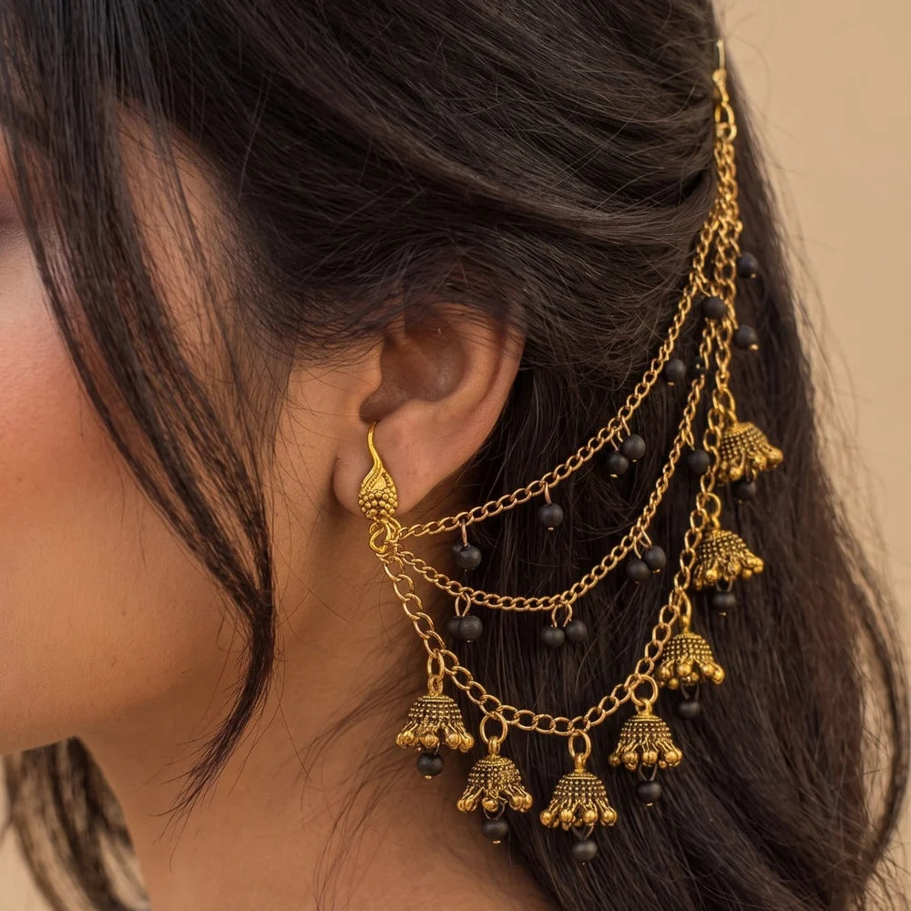 Boho Ear Chain with Red Beads | Vintage Hair Chain Earring for Women