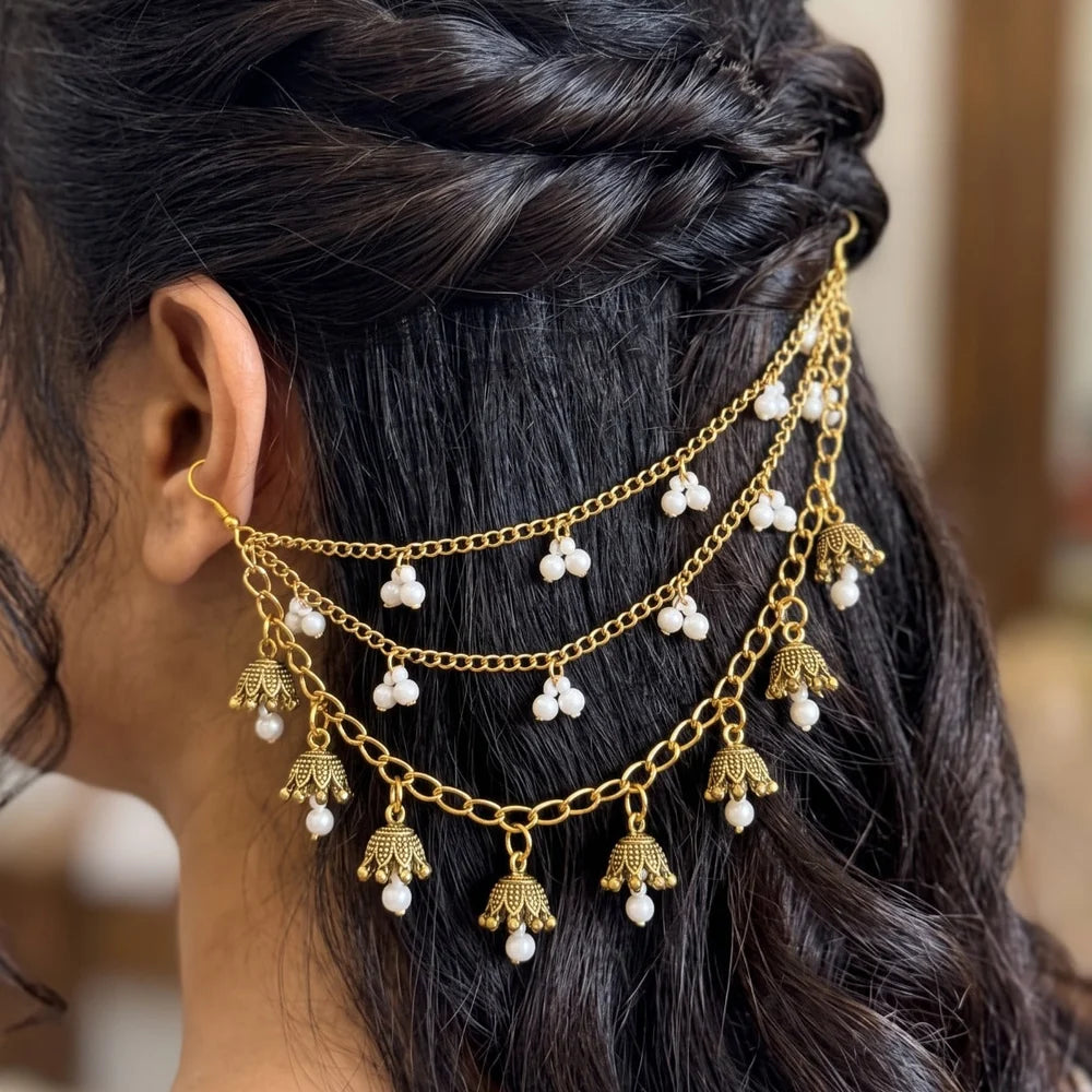 Boho Ear Chain with Red Beads | Vintage Hair Chain Earring for Women