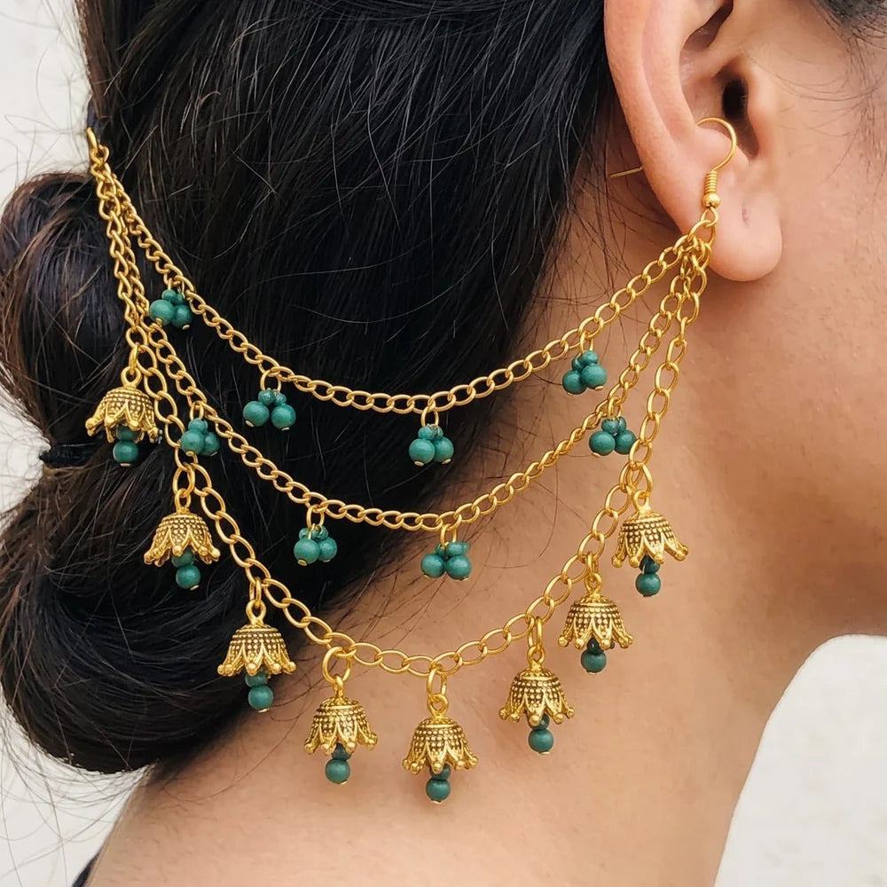 Boho Ear Chain with Red Beads | Vintage Hair Chain Earring for Women