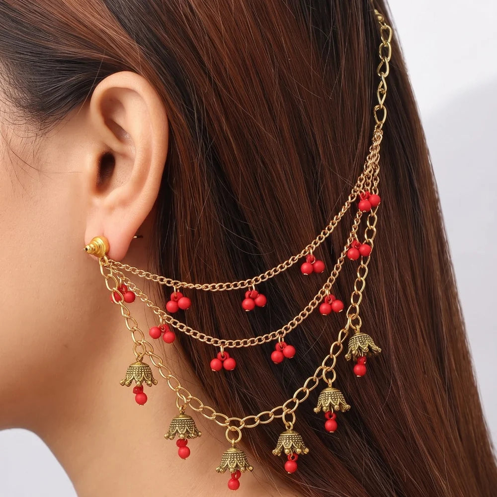 Boho Ear Chain with Red Beads | Vintage Hair Chain Earring for Women